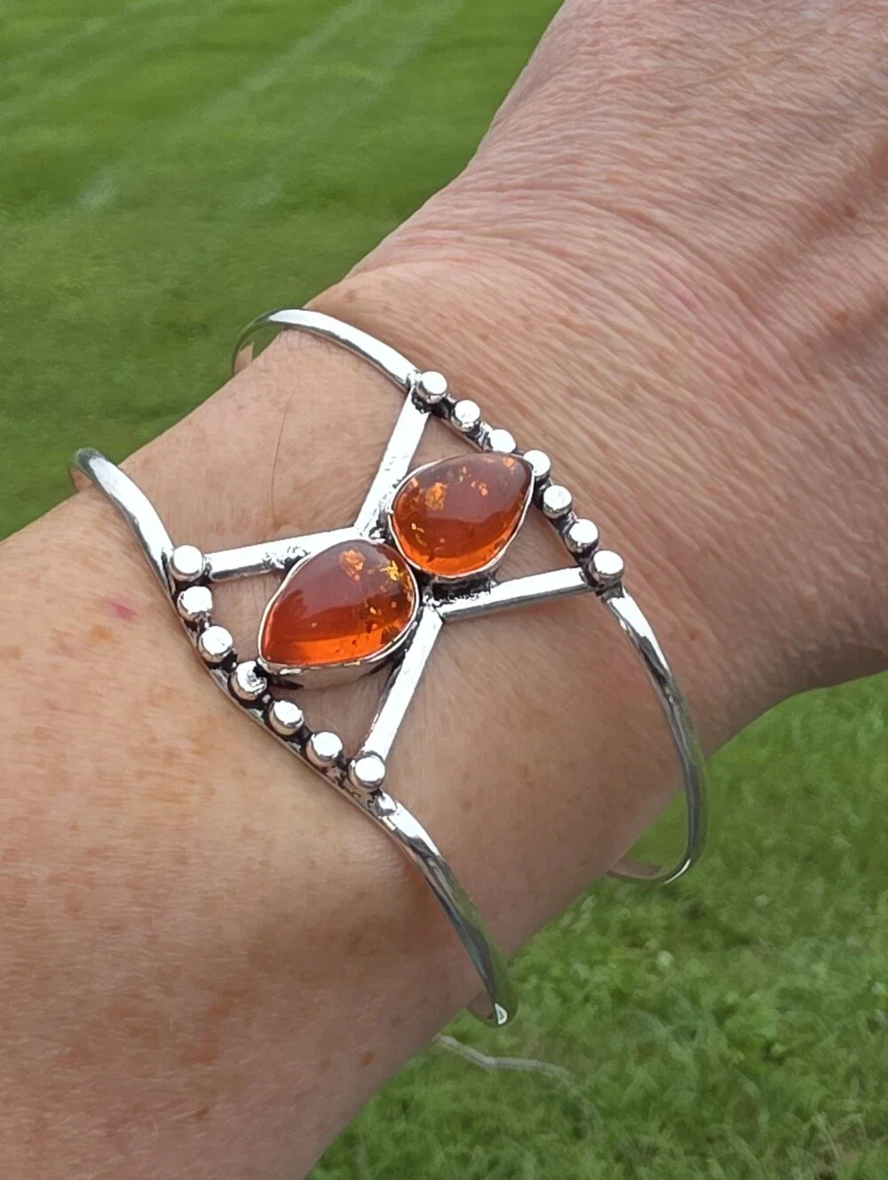 Baltic Amber Cuff Bracelet In 925 Sterling Silver (Adjustable)